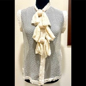 Biba Biba Biba Bow Brigade Sheer Silky Seersucker Ivory Blouse, made in UK, 6